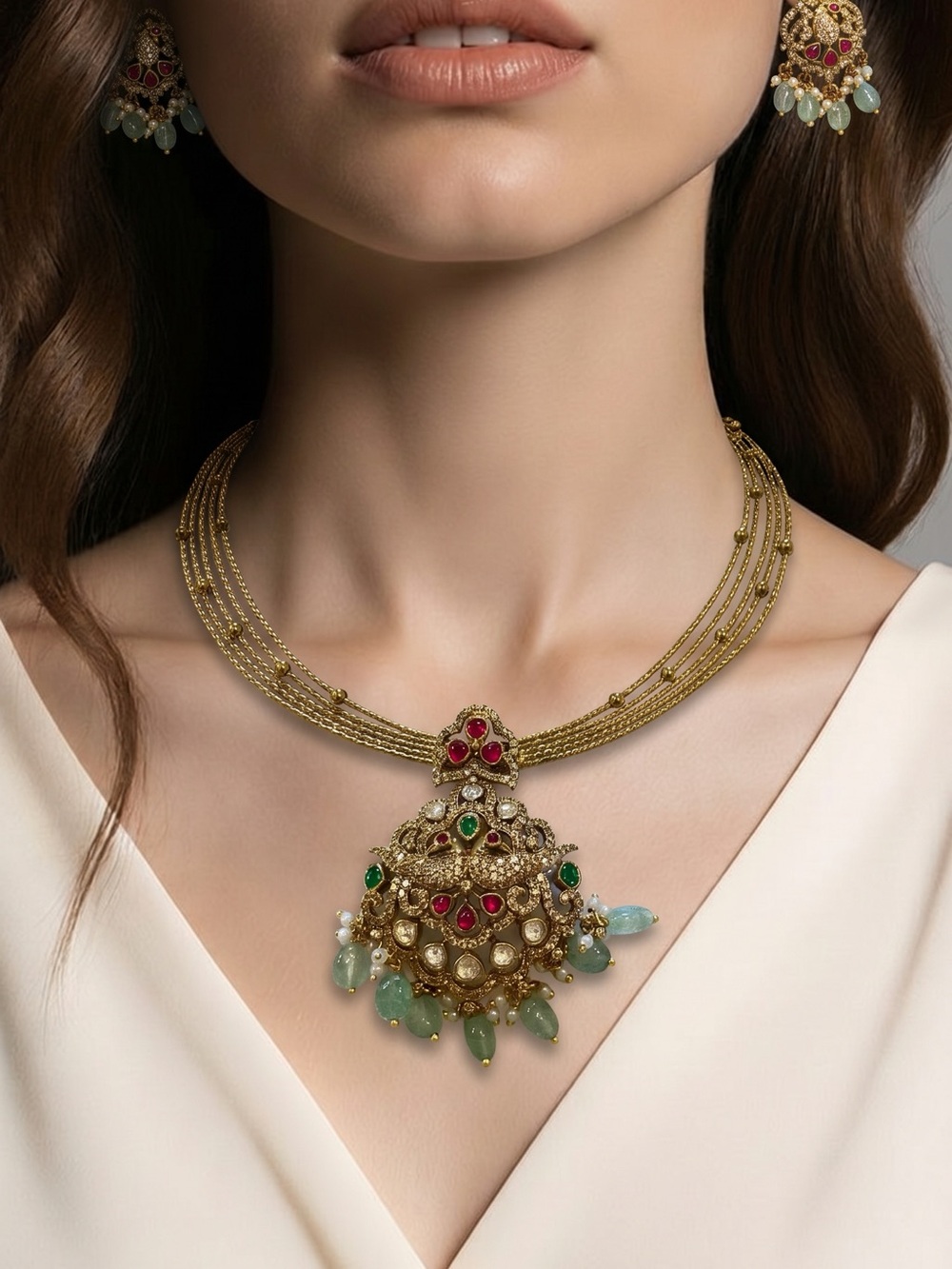 Gold-Tone Multi Gemstone Pendant Necklace & Earrings Set